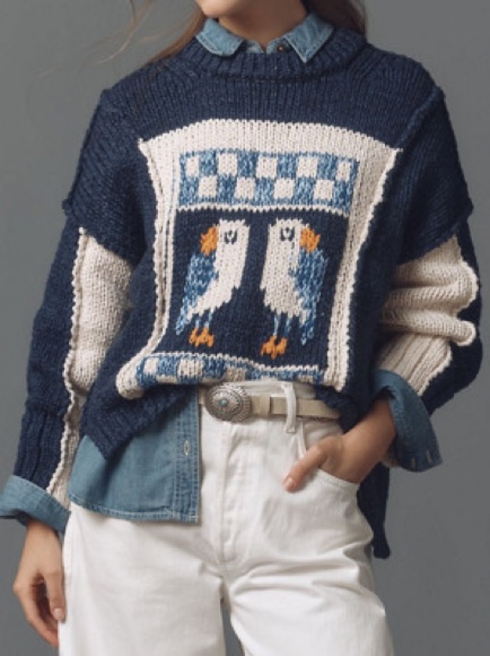Pilcro by Anthropologie Parrot Intarsia Chunky Crewneck Sweater Size M